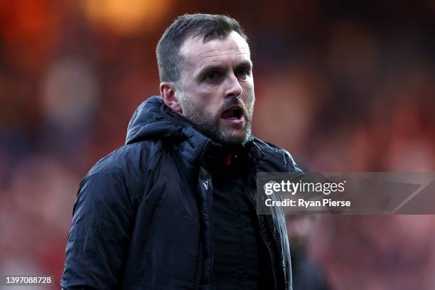 Manager of Luton Town, Nathan Jones walks off the pitch at half time during the Sky Bet Championship Play-off Semi Final 1st Leg match between Luton...