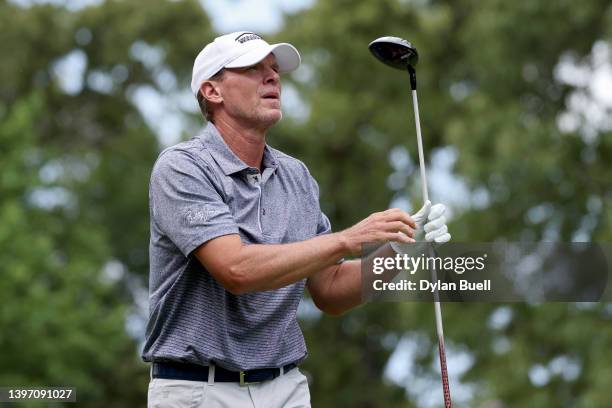 Steve Stricker plays his shot from the 12th tee during the second round of the Regions Tradition at Greystone Golf and Country Club on May 13, 2022...