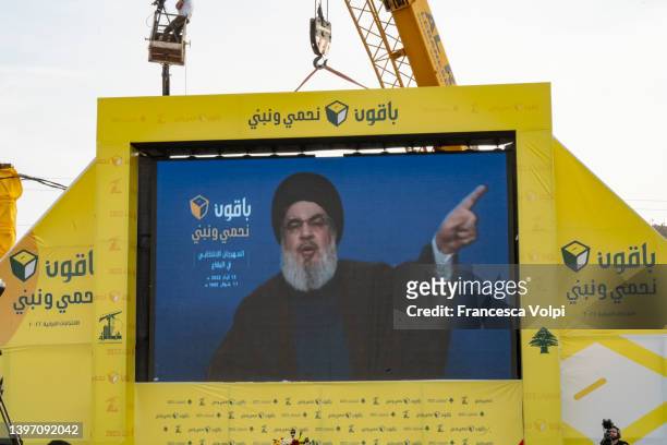 Hassan Nasralla, Secretary-General of Hezbollah, during his live streamed speech at the Hezbollah Political Party Rally on May 13, 2022 in Baalbek in...