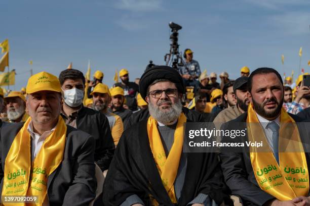 Hashim Safi Al Din senior Hezbollah leader and maternal cousing of Hassan Nasralla, Secretary-General of Hezbollah, sits in the front row ahead of...