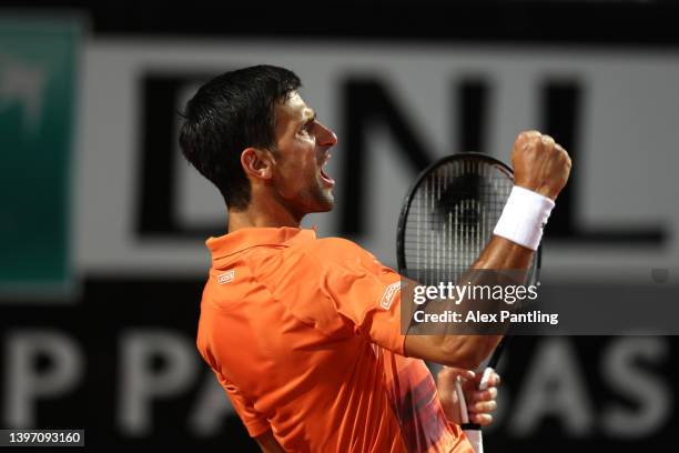 Novak Djokovic of Serbia celebrates winning the first set against Felix Auger-Aliassime of Canada during the Men's/Women's Single's/Double's Round X...