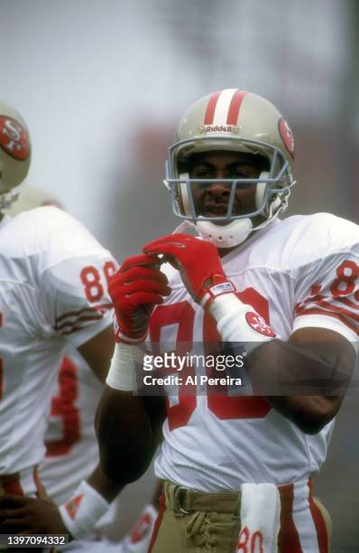 Wide Receiver Jerry Rice of the San Francisco 49ers appears in the game between the San Francisco 49ers vs The New England Patriots on October 11,...