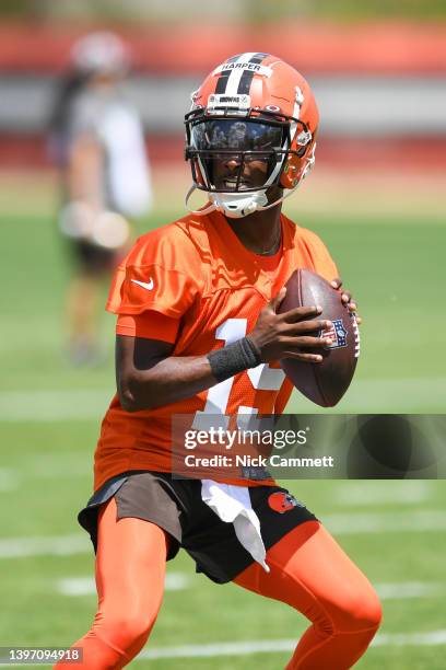 Felix Harper of the Cleveland Browns runs a drill during the first day of Cleveland Browns rookie mini camp at CrossCountry Mortgage Campus on May...