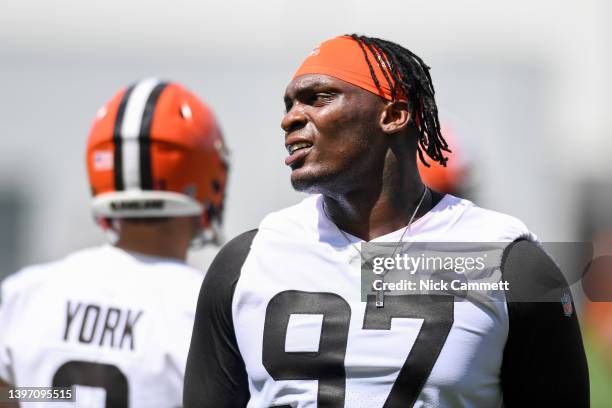 Perrion Winfrey of the Cleveland Browns looks on during the first day of Cleveland Browns rookie mini camp at CrossCountry Mortgage Campus on May 13,...