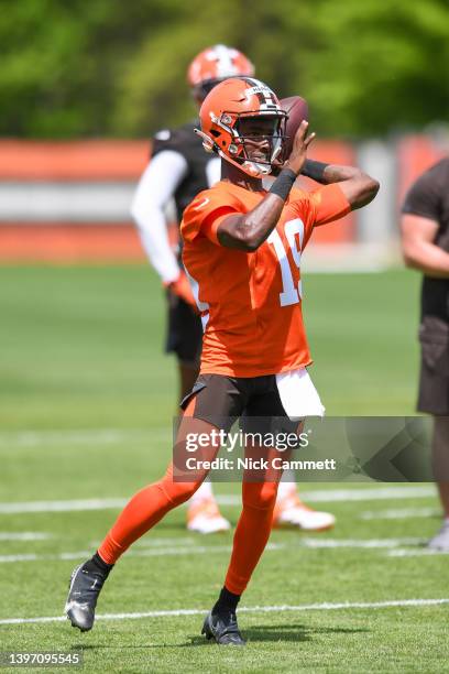 Felix Harper of the Cleveland Browns throws a pass during the first day of Cleveland Browns rookie mini camp at CrossCountry Mortgage Campus on May...