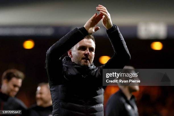 Manager of Luton Town, Nathan Jones thanks the fans as he walks off the pitch after the Sky Bet Championship Play-off Semi Final 1st Leg match...