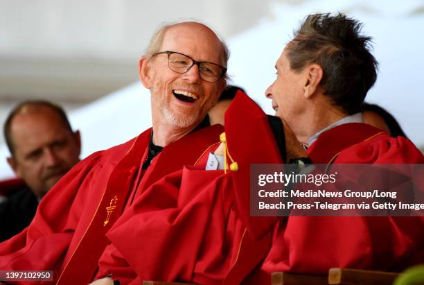 Los Angeles, CA Filmmaker and actor, Ron Howard and film producer Brian Grazer at the University of Southern California 2022 commencement ceremony to...