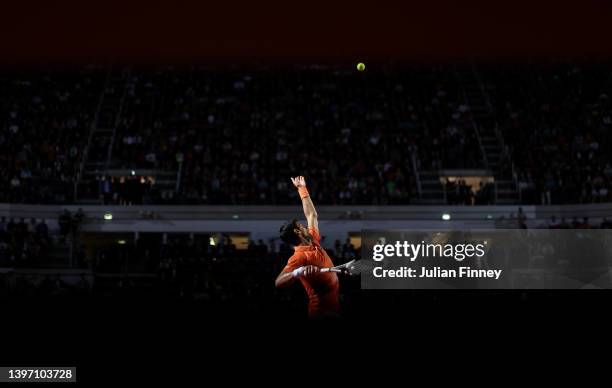 Novak Djokovic of Serbia in action against Felix Auger-Aliassime of Canada in the quarter finals on day six of Internazionali BNL D'Italia at Foro...