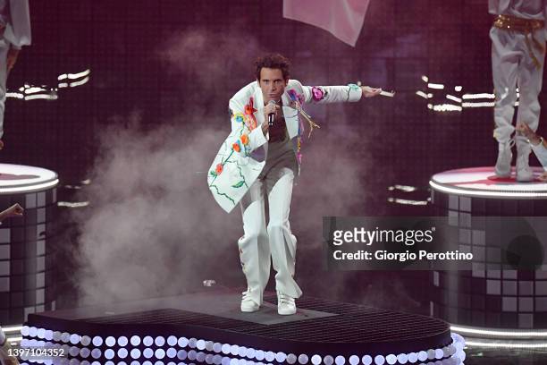 Mika performs on stage during the dress reharsals ahead of the 66th Eurovision Song Contest Grand Final at Reggia di Venaria Reale on May 13, 2022 in...