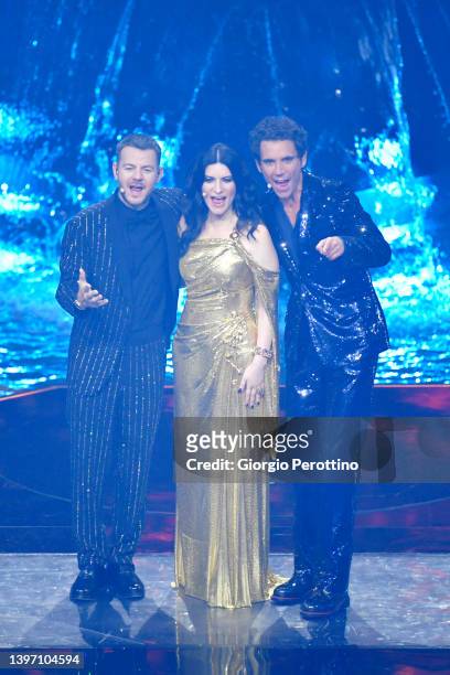 Alessandro Cattelan, Laura Pausini and Mika attend the dress reharsals ahead of the 66th Eurovision Song Contest Grand Final at Reggia di Venaria...