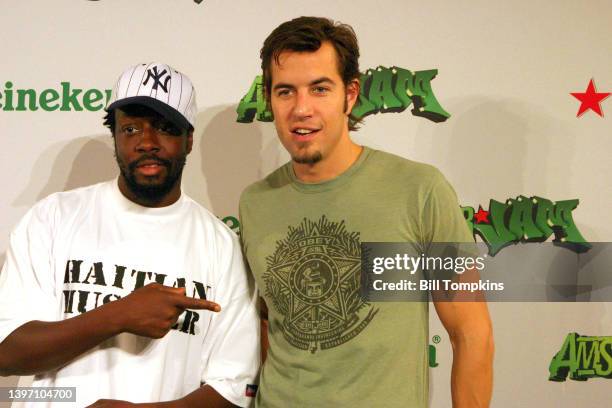 August 20: MANDATORY CREDIT Bill Tompkins/Getty Images Wyclef Jean and Nick Hexum backstage at the Amsterjam Music Festival August 20, 2005 on...