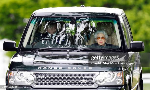 Queen Elizabeth II arrives, in her chauffeur driven Range Rover car, to watch her horse 'Balmoral Leia' compete in, and win, the Highland class on...