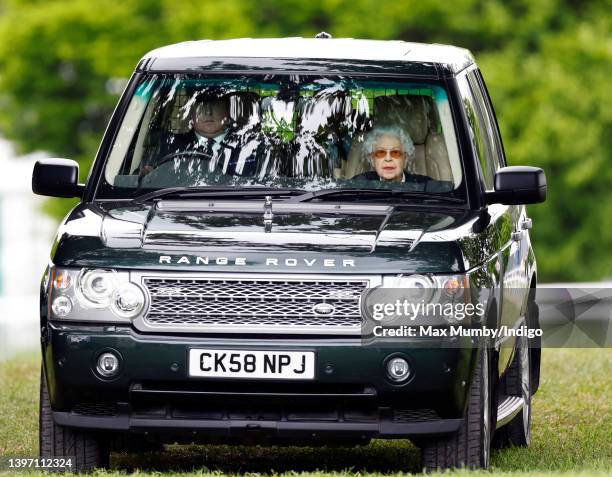 Queen Elizabeth II arrives, in her chauffeur driven Range Rover car, to watch her horse 'Balmoral Leia' compete in, and win, the Highland class on...