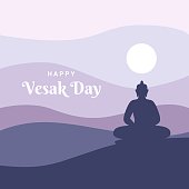 Silhouette of a meditation buddha on a hill with sky and moon background, flat style design, as a template for Vesak day and Buddha Purnima day. vector illustration.