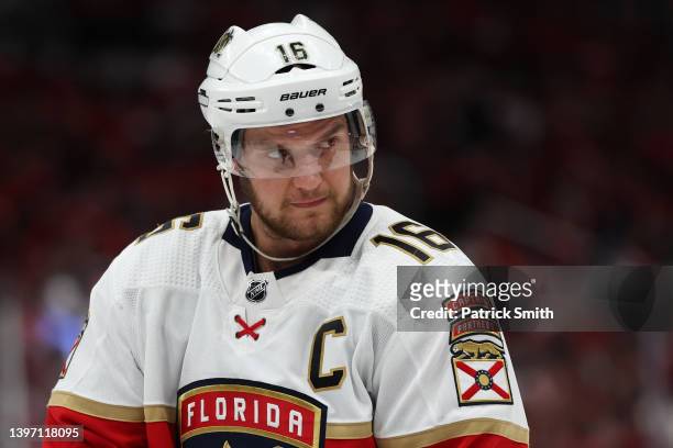 Aleksander Barkov of the Florida Panthers looks on against the Washington Capitals during the first period in Game Six of the First Round of the 2022...