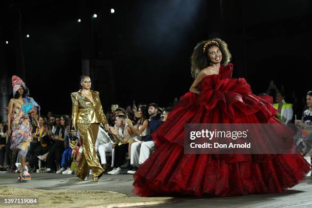 Model walks the runway during the First Nations Fashion + Design show during Afterpay Australian Fashion Week 2022 Resort '23 Collections at...