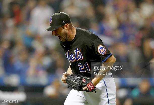 Max Scherzer of the New York Mets reacts after getting out of the seventh inning with the bases loaded against the Seattle Mariners at Citi Field on...