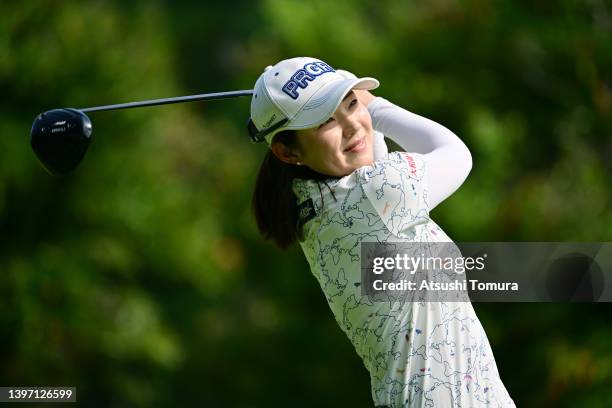 Rie Tsuji of Japan hits her tee shot on the 4th hole during the second round of the Hoken no Madoguchi Ladies at Fukuoka Country Club Wajiro Course...