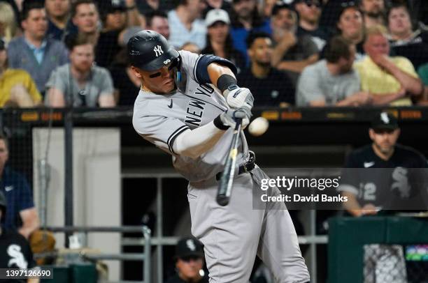 Aaron Judge of the New York Yankees hits a home run against the Chicago White Sox during the fourth inning at Guaranteed Rate Field on May 13, 2022...