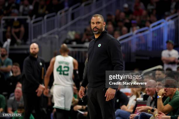 Head Coach Ime Udoka of the Boston Celtics looks on against the Milwaukee Bucks during the third quarter in Game Six of the 2022 NBA Playoffs Eastern...