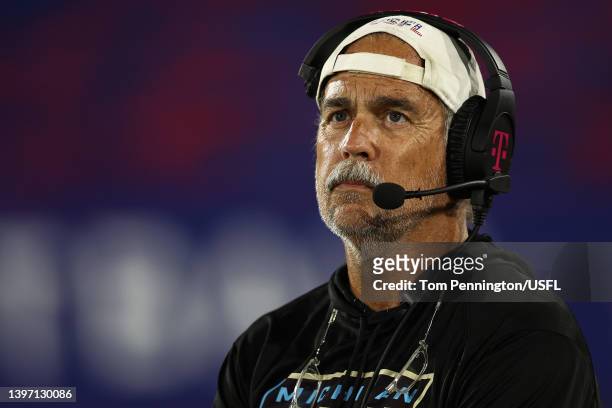 Head coach Jeff Fisher of Michigan Panthers looks on in the third quarter of the game against the Tampa Bay Bandits at Protective Stadium on May 13,...