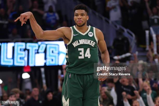 Giannis Antetokounmpo of the Milwaukee Bucks reacts to a three point shot against the Boston Celtics during the second half of Game Six of the...