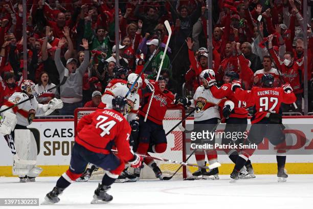 Oshie of the Washington Capitals celebrates after scoring a goal against the Florida Panthers during the third period in Game Six of the First Round...