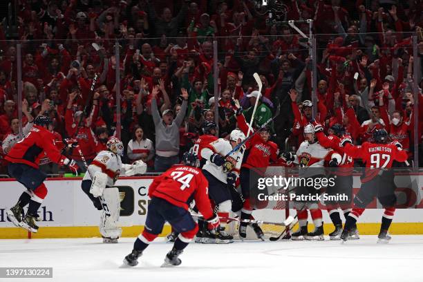 Oshie of the Washington Capitals celebrates after scoring a goal against the Florida Panthers during the third period in Game Six of the First Round...