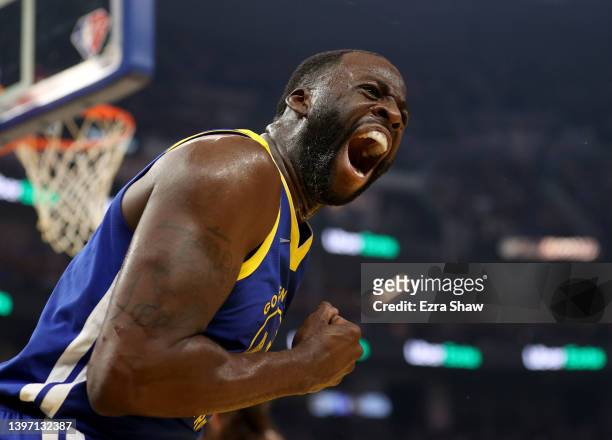 Draymond Green of the Golden State Warriors reacts against the Memphis Grizzlies during the first quarter of Game Six of the 2022 NBA Playoffs...