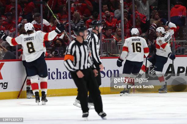 Carter Verhaeghe of the Florida Panthers celebrates his game-winning goal against the Washington Capitals during overtime in Game Six of the First...