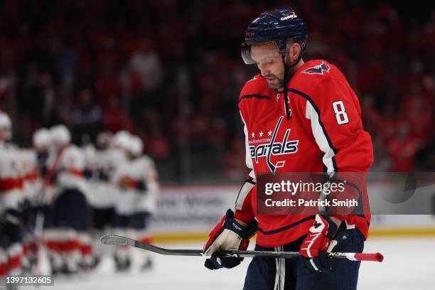 Alex Ovechkin of the Washington Capitals reacts after losing to the Florida Panthers during overtime in Game Six of the First Round of the 2022...