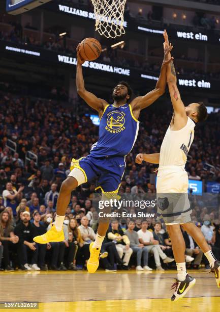 Andrew Wiggins of the Golden State Warriors takes a shot against Kyle Anderson of the Memphis Grizzlies during the first quarter in Game Six of the...