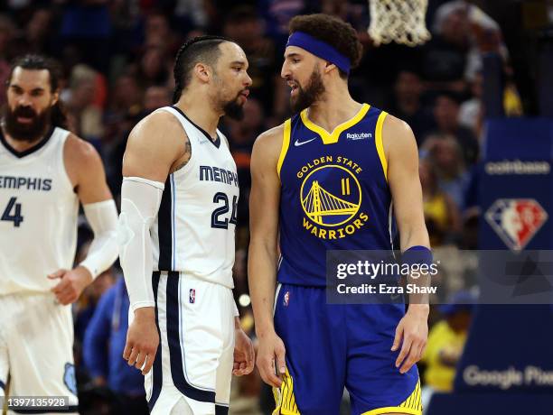 Dillon Brooks of the Memphis Grizzlies and Klay Thompson of the Golden State Warriors exchange words during the second quarter in Game Six of the...