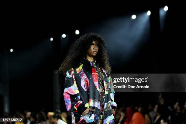 Model walks the runway during the First Nations Fashion + Design show during Afterpay Australian Fashion Week 2022 Resort '23 Collections at...