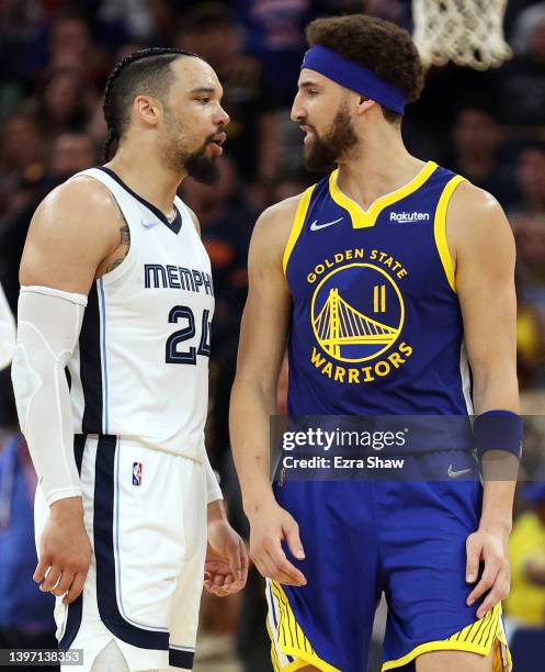 Dillon Brooks of the Memphis Grizzlies and Klay Thompson of the Golden State Warriors exchange words during the second quarter in Game Six of the...