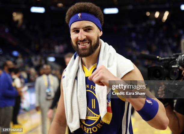 Klay Thompson of the Golden State Warriors celebrates a 110-96 win against the Memphis Grizzlies after Game Six of the 2022 NBA Playoffs Western...