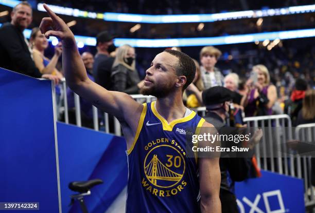 Stephen Curry of the Golden State Warriors celebrates a 110-96 win against the Memphis Grizzlies after Game Six of the 2022 NBA Playoffs Western...