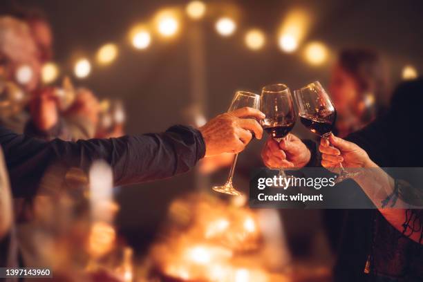 celebratory red wine toast between senior adult friends at candle light social event party with string fairy lights - toost stockfoto's en -beelden