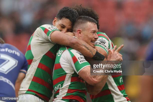 Damien Cook of the Rabbitohs celebrates a try during the round 10 NRL match between the New Zealand Warriors and the South Sydney Rabbitohs at...