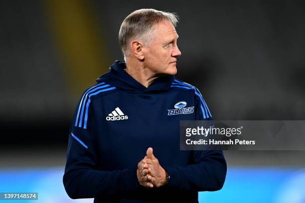 Joe Schmidt looks on ahead of the round 13 Super Rugby Pacific match between the Blues and the Queensland Reds at Eden Park on May 14, 2022 in...