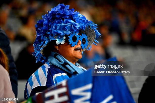 Blues fan watches on during the round 13 Super Rugby Pacific match between the Blues and the Queensland Reds at Eden Park on May 14, 2022 in...