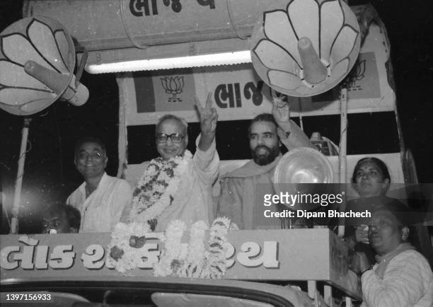 Narendra Modi Sankersinh Vaghela and Anandiben Patel on Lok Shakti rath in Ahmedabad Gujarat India on 6th December 1989.