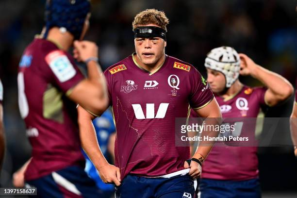 Dane Zander of the Reds looks on during the round 13 Super Rugby Pacific match between the Blues and the Queensland Reds at Eden Park on May 14, 2022...