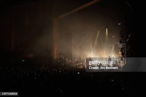 Keyboardist Kjartan Sevinsson, guitarist and vocalist Jonsi, bassist Georg Holm and drummer Olafur Olafsson of Sigur Ros perform live on stage at...