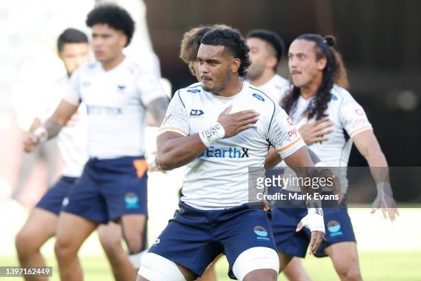 The Moana Pasifika team perform their war dance before the round 13 Super Rugby Pacific match between the Fijian Drua and the Moana Pasifika at...
