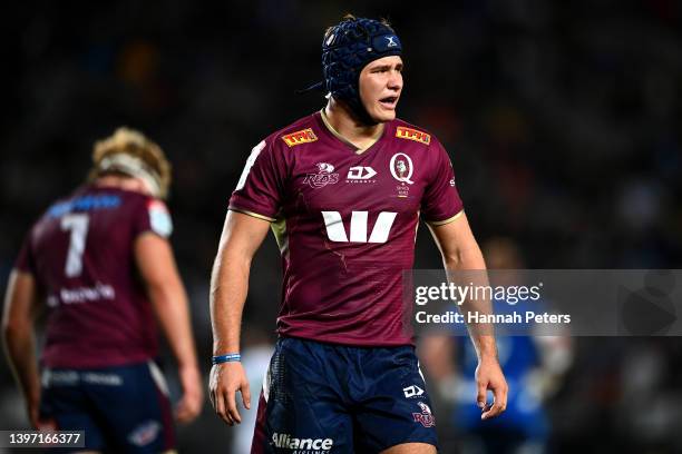 Josh Flook of the Reds looks on during the round 13 Super Rugby Pacific match between the Blues and the Queensland Reds at Eden Park on May 14, 2022...