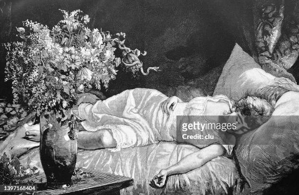 the flower bouquet and the sleeping girl on the sofa - cartoon flowers 幅插畫檔、美工圖案、卡通及圖標