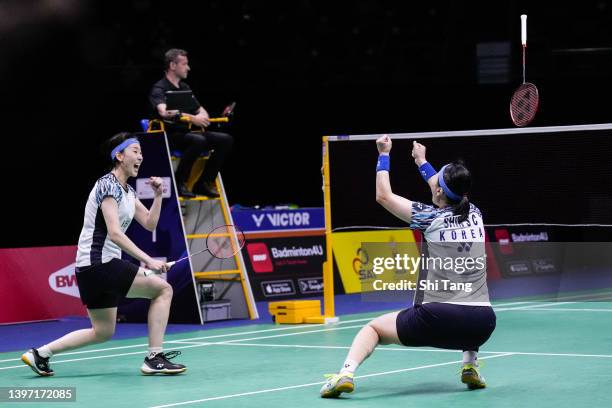 Lee Sohee and Shin Seungchan of Korea celebrate the victory in the Uber Cup Final Women's Doubles match against Chen Qingchen and Jia Yifan of China...