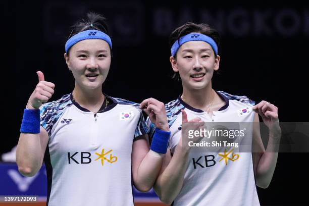 Lee Sohee and Shin Seungchan of Korea celebrate the victory in the Uber Cup Final Women's Doubles match against Chen Qingchen and Jia Yifan of China...