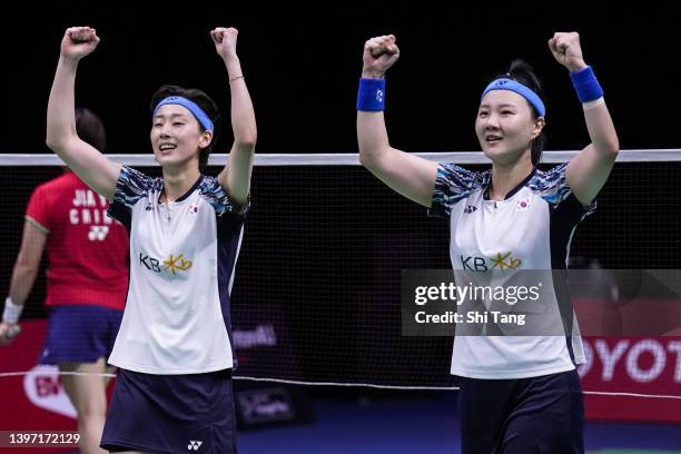 Lee Sohee and Shin Seungchan of Korea celebrate the victory in the Uber Cup Final Women's Doubles match against Chen Qingchen and Jia Yifan of China...